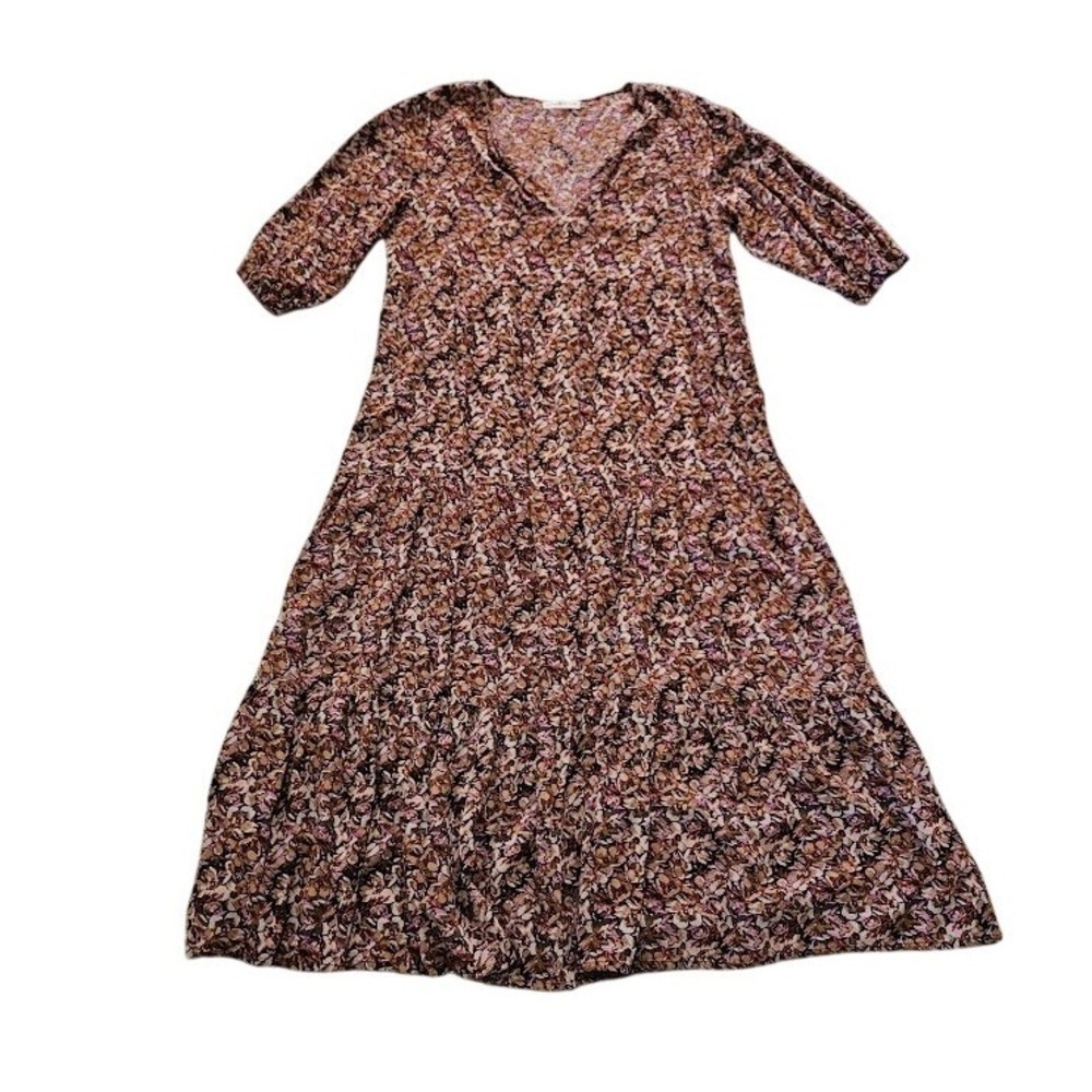 Natural Life Floral Tiered Maxi Dress Large XL Purple Orange Boho V-Neck Rayon
